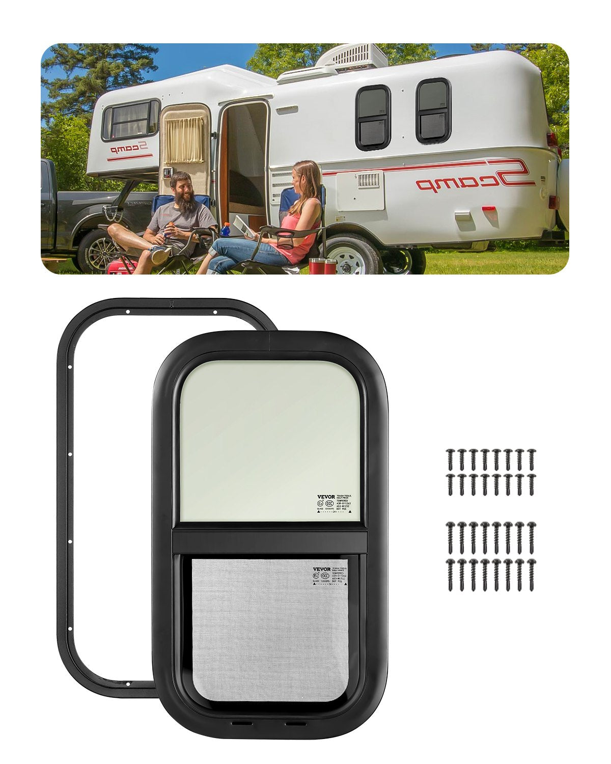 VEVOR Vertical RV Window, 12" W x 22" H Tinted Sliding RV Window with Net Screen & Trim Ring, Fit 15/16" - 1 3/4" Thickness Wall, RV Window Replacement for Teardrop Cargo Trailer Camper, DOT Approved - FCCCKSXTL300231FBV0 - view 1