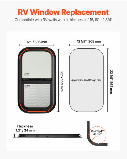 VEVOR Vertical RV Window, 12" W x 22" H Tinted Sliding RV Window with Net Screen & Trim Ring, Fit 15/16" - 1 3/4" Thickness Wall, RV Window Replacement for Teardrop Cargo Trailer Camper, DOT Approved - FCCCKSXTL300231FBV0 - view 3
