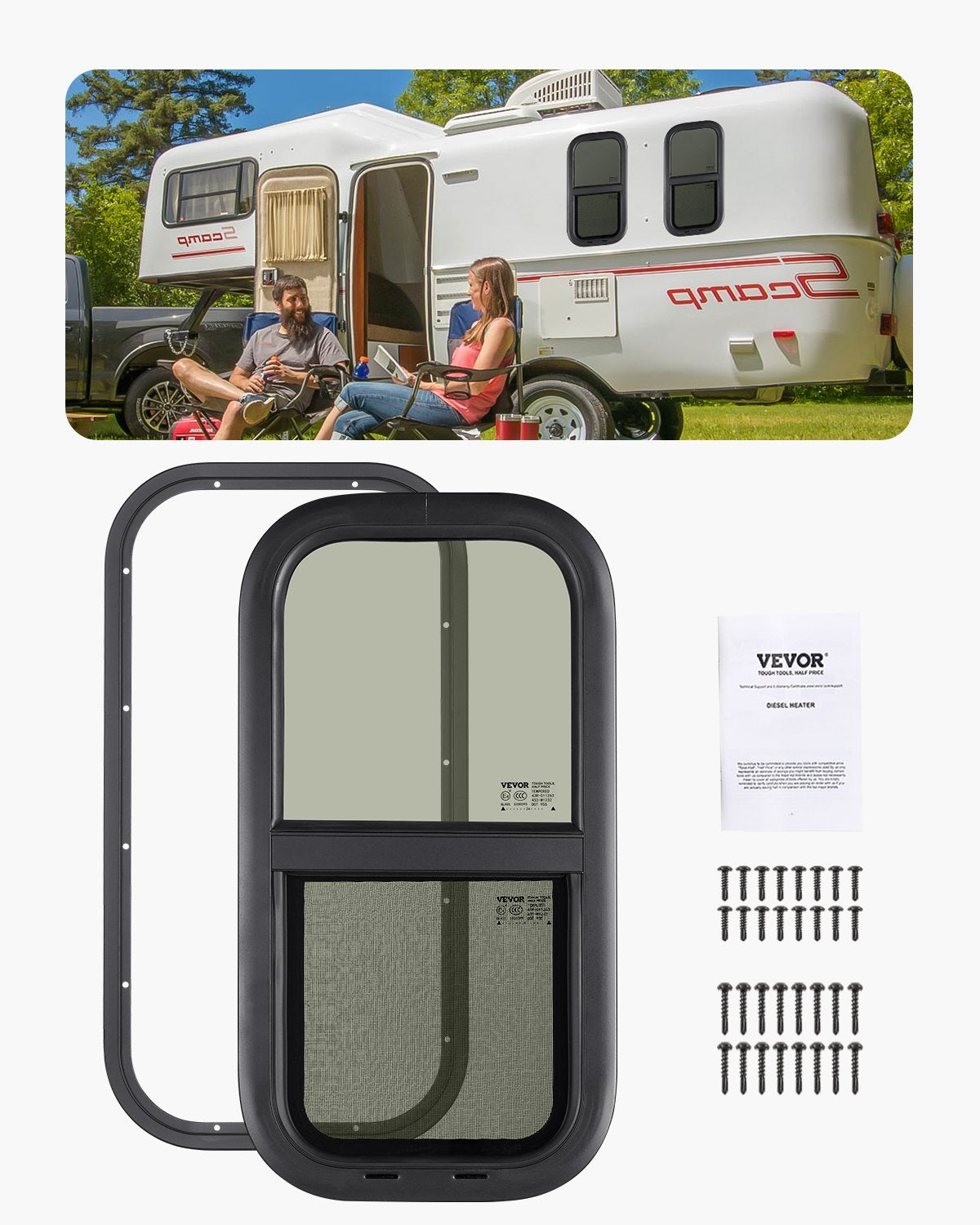 VEVOR Vertical RV Window, 12" W x 24" H Tinted Sliding RV Window with Net Screen & Trim Ring, Fit 15/16" - 1 3/4" Thickness Wall, RV Window Replacement for Teardrop Cargo Trailer Camper, DOT Approved - FCCCKSXTL3007LYWWV0 - view 1