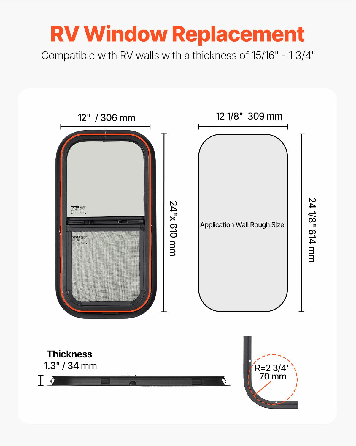 VEVOR Vertical RV Window, 12" W x 24" H Tinted Sliding RV Window with Net Screen & Trim Ring, Fit 15/16" - 1 3/4" Thickness Wall, RV Window Replacement for Teardrop Cargo Trailer Camper, DOT Approved - FCCCKSXTL3007LYWWV0 - view 3