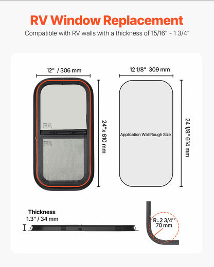VEVOR Vertical RV Window, 12" W x 24" H Tinted Sliding RV Window with Net Screen & Trim Ring, Fit 15/16" - 1 3/4" Thickness Wall, RV Window Replacement for Teardrop Cargo Trailer Camper, DOT Approved - FCCCKSXTL3007LYWWV0 - view 3