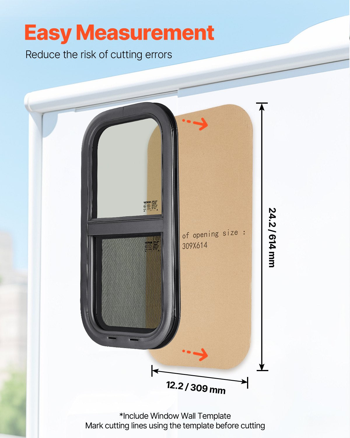 VEVOR Vertical RV Window, 12" W x 24" H Tinted Sliding RV Window with Net Screen & Trim Ring, Fit 15/16" - 1 3/4" Thickness Wall, RV Window Replacement for Teardrop Cargo Trailer Camper, DOT Approved - FCCCKSXTL3007LYWWV0 - view 7