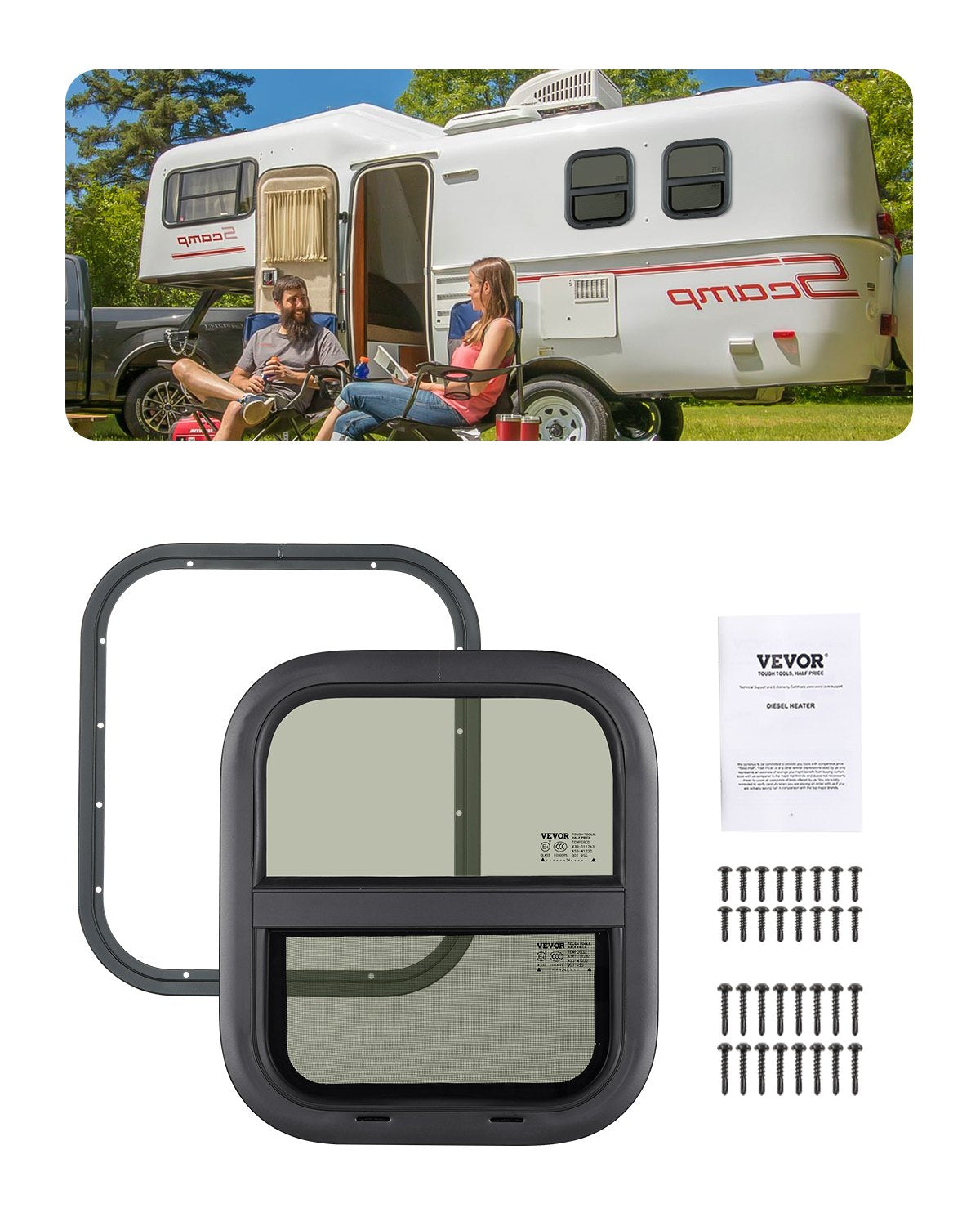VEVOR Vertical RV Window, 14" W x 16" H Tinted Sliding RV Window with Net Screen & Trim Ring, Fit 15/16" - 1 3/4" Thickness Wall, RV Window Replacement for Teardrop Cargo Trailer Camper, DOT Approved - FCCCKSXTL350W48BUV0 - view 1