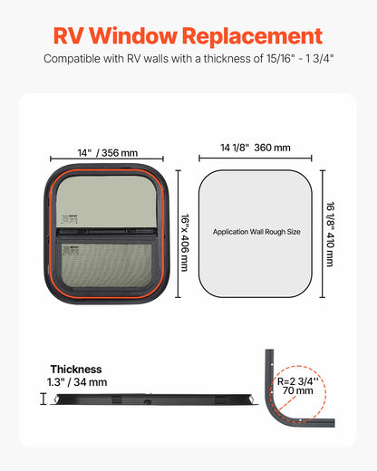 VEVOR Vertical RV Window, 14" W x 16" H Tinted Sliding RV Window with Net Screen & Trim Ring, Fit 15/16" - 1 3/4" Thickness Wall, RV Window Replacement for Teardrop Cargo Trailer Camper, DOT Approved - FCCCKSXTL350W48BUV0 - view 3