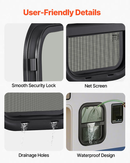 VEVOR Vertical RV Window, 14" W x 16" H Tinted Sliding RV Window with Net Screen & Trim Ring, Fit 15/16" - 1 3/4" Thickness Wall, RV Window Replacement for Teardrop Cargo Trailer Camper, DOT Approved - FCCCKSXTL350W48BUV0 - view 6