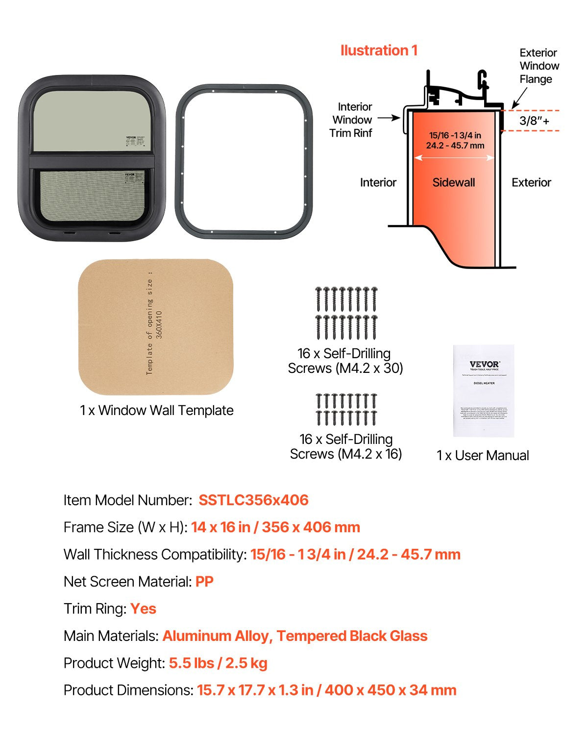 VEVOR Vertical RV Window, 14" W x 16" H Tinted Sliding RV Window with Net Screen & Trim Ring, Fit 15/16" - 1 3/4" Thickness Wall, RV Window Replacement for Teardrop Cargo Trailer Camper, DOT Approved - FCCCKSXTL350W48BUV0 - view 8