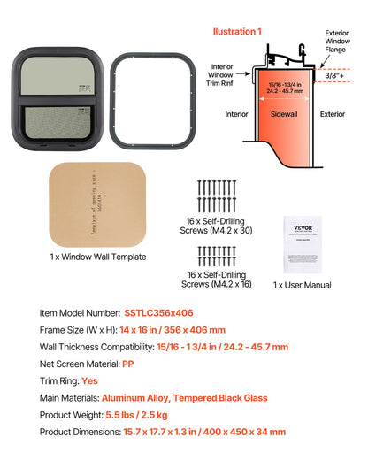 VEVOR Vertical RV Window, 14" W x 16" H Tinted Sliding RV Window with Net Screen & Trim Ring, Fit 15/16" - 1 3/4" Thickness Wall, RV Window Replacement for Teardrop Cargo Trailer Camper, DOT Approved - FCCCKSXTL350W48BUV0 - view 8