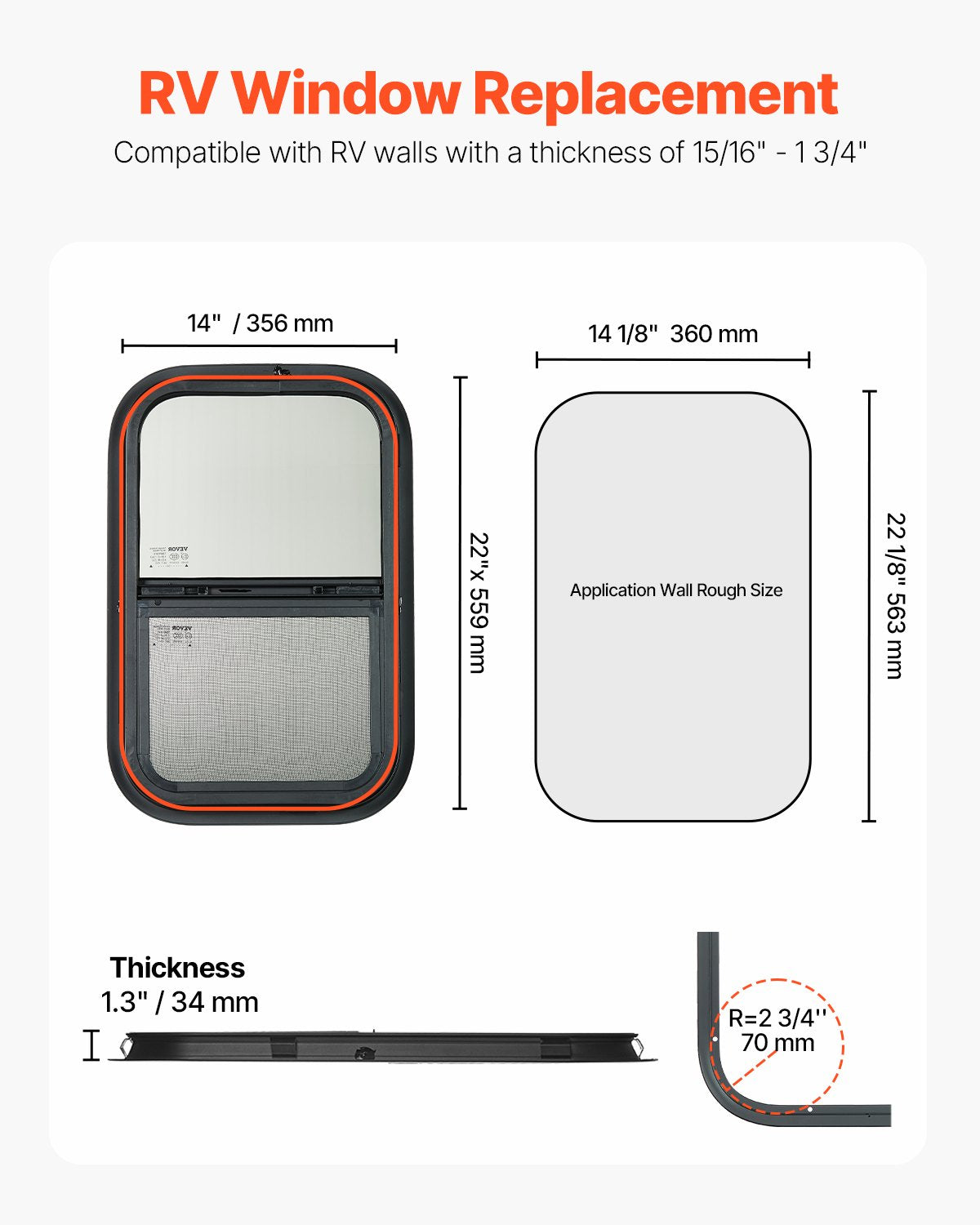VEVOR Vertical RV Window, 14" W x 22" H Tinted Sliding RV Window with Net Screen & Trim Ring, Fit 15/16" - 1 3/4" Thickness Wall, RV Window Replacement for Teardrop Cargo Trailer Camper, DOT Approved - FCCCKSXTL350WVJO1V0 - view 3