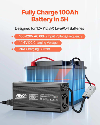 VEVOR 12V 20A Lithium Battery Charger, 14.6V, AC-DC LiFePO4 Smart Charger, with Anderson Connector, LED Indicator, 0V Activation, for Lithium LiFePO4 Deep Cycle Rechargeable Batteries of Boat, RV - FCCDQ12V20A05C7H3001V1 - view 3