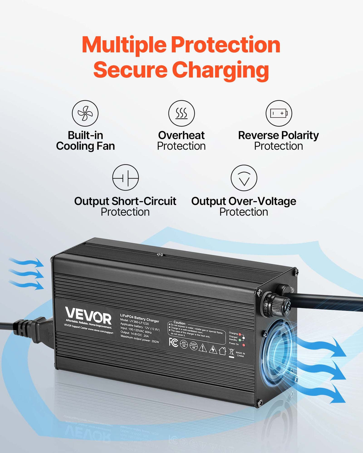 VEVOR 12V 20A Lithium Battery Charger, 14.6V, AC-DC LiFePO4 Smart Charger, with Anderson Connector, LED Indicator, 0V Activation, for Lithium LiFePO4 Deep Cycle Rechargeable Batteries of Boat, RV - FCCDQ12V20A05C7H3001V1 - view 6