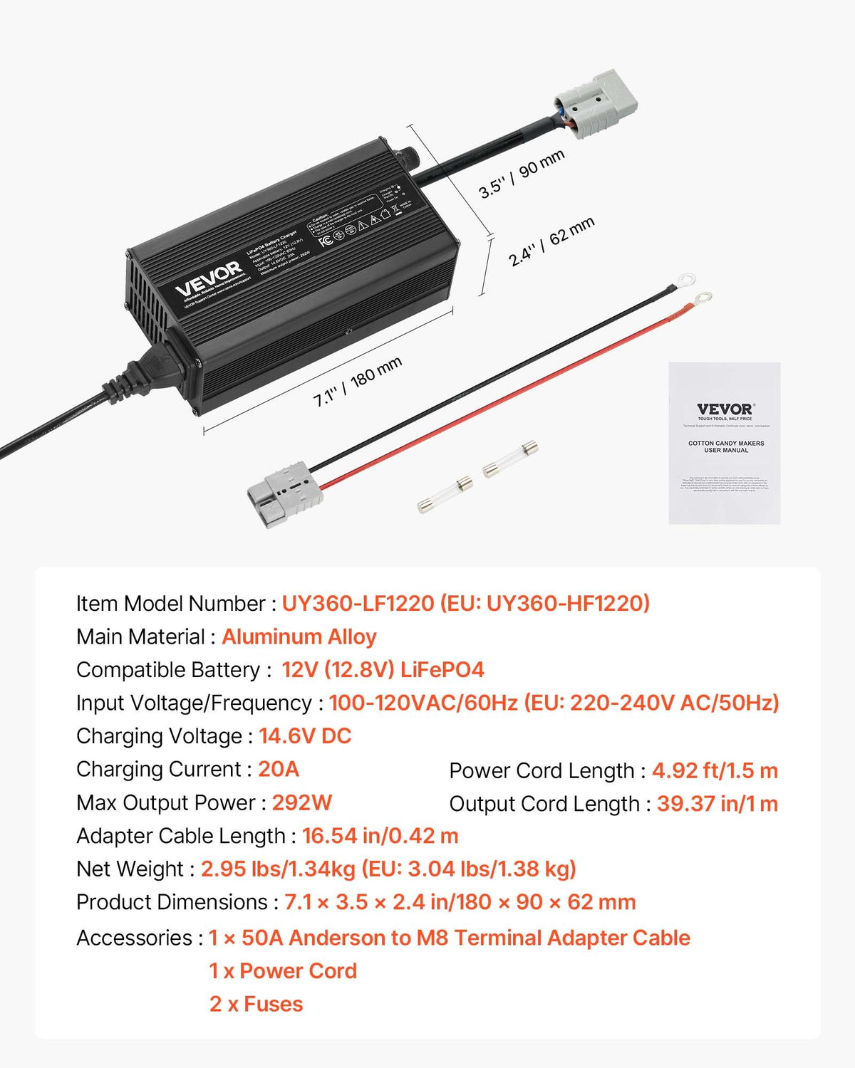VEVOR 12V 20A Lithium Battery Charger, 14.6V, AC-DC LiFePO4 Smart Charger, with Anderson Connector, LED Indicator, 0V Activation, for Lithium LiFePO4 Deep Cycle Rechargeable Batteries of Boat, RV - FCCDQ12V20A05C7H3001V1 - view 8