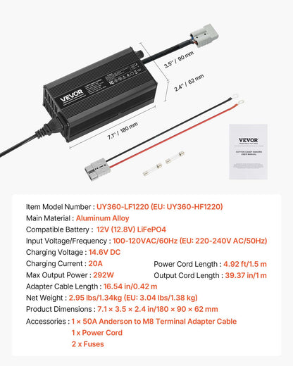 VEVOR 12V 20A Lithium Battery Charger, 14.6V, AC-DC LiFePO4 Smart Charger, with Anderson Connector, LED Indicator, 0V Activation, for Lithium LiFePO4 Deep Cycle Rechargeable Batteries of Boat, RV - FCCDQ12V20A05C7H3001V1 - view 8