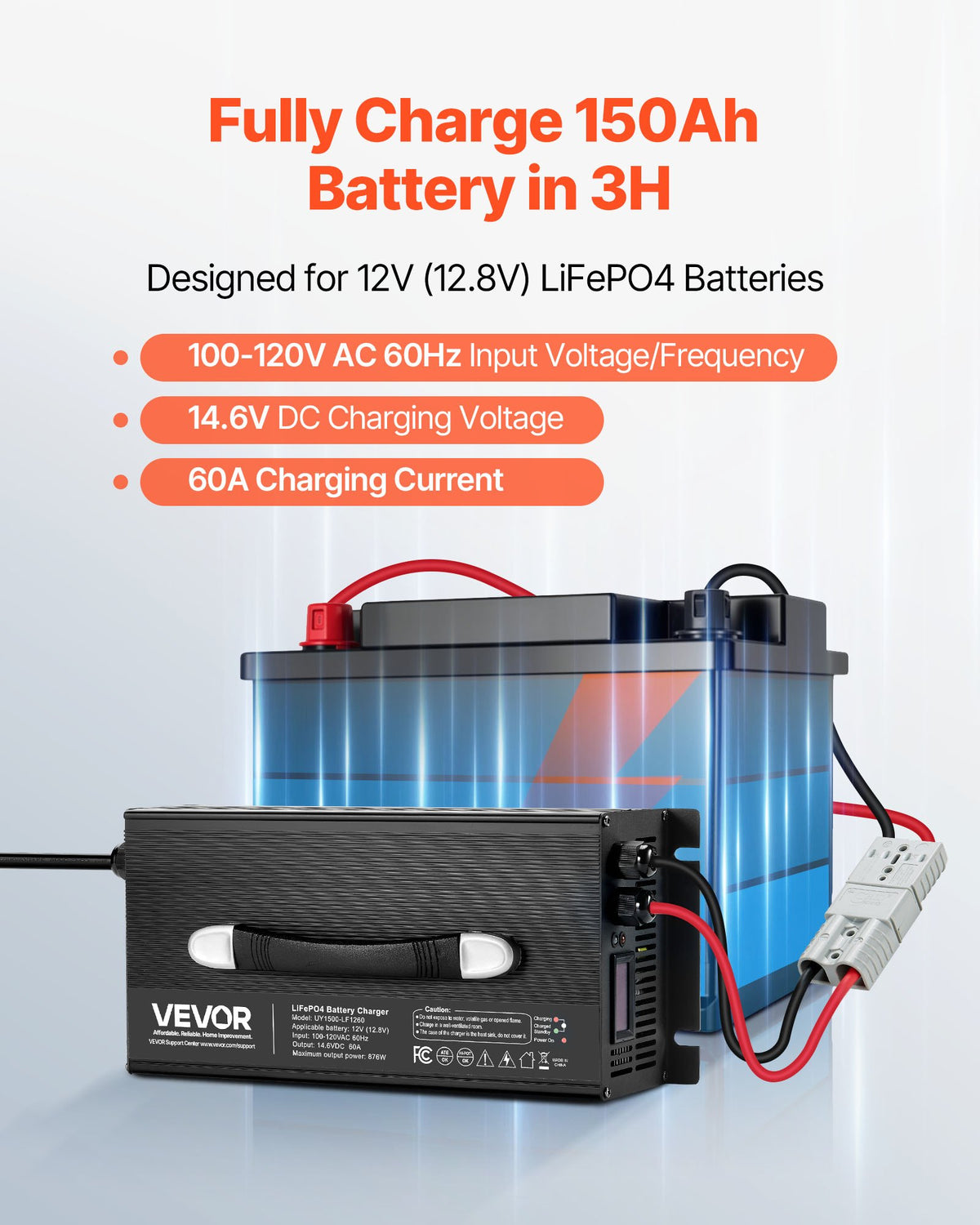 VEVOR 12V 60A Lithium Battery Charger, 14.6V, AC-DC LiFePO4 Smart Charger, with Anderson Connector, LED Indicator, 0V Activation, for Lithium LiFePO4 Deep Cycle Rechargeable Batteries of Boat, RV - FCCDQ12V60A0F8LFB001V1 - view 3