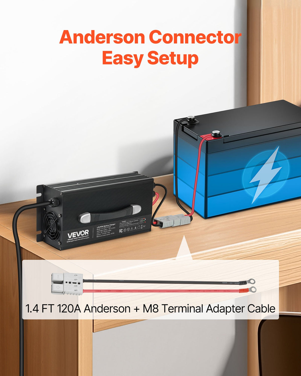 VEVOR 12V 60A Lithium Battery Charger, 14.6V, AC-DC LiFePO4 Smart Charger, with Anderson Connector, LED Indicator, 0V Activation, for Lithium LiFePO4 Deep Cycle Rechargeable Batteries of Boat, RV - FCCDQ12V60A0F8LFB001V1 - view 7