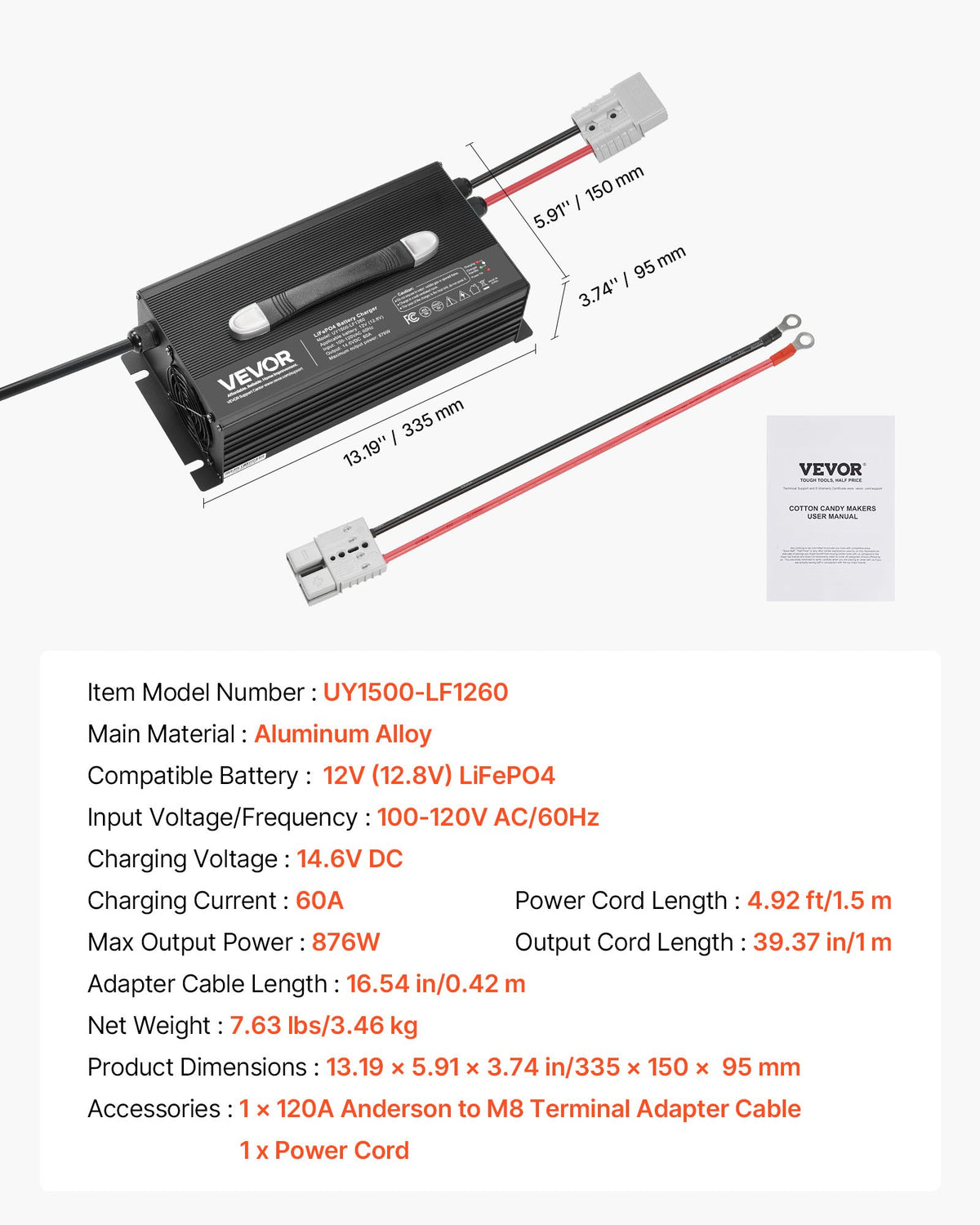 VEVOR 12V 60A Lithium Battery Charger, 14.6V, AC-DC LiFePO4 Smart Charger, with Anderson Connector, LED Indicator, 0V Activation, for Lithium LiFePO4 Deep Cycle Rechargeable Batteries of Boat, RV - FCCDQ12V60A0F8LFB001V1 - view 8