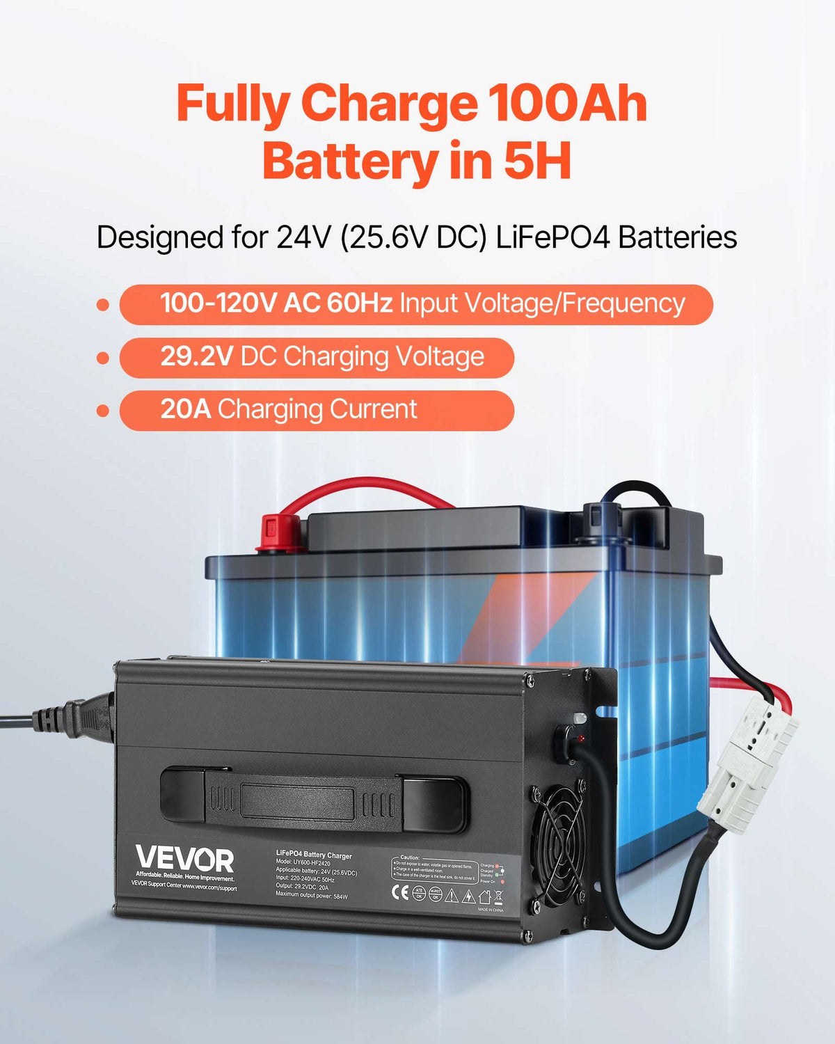 VEVOR 24V 20A Lithium Battery Charger, 29.2V, AC-DC LiFePO4 Smart Charger, with Anderson Connector, LED Indicator, 0V Activation, for Lithium LiFePO4 Deep Cycle Rechargeable Batteries of Boat, RV - FCCDQ24V20A0KO4EE001V1 - view 3