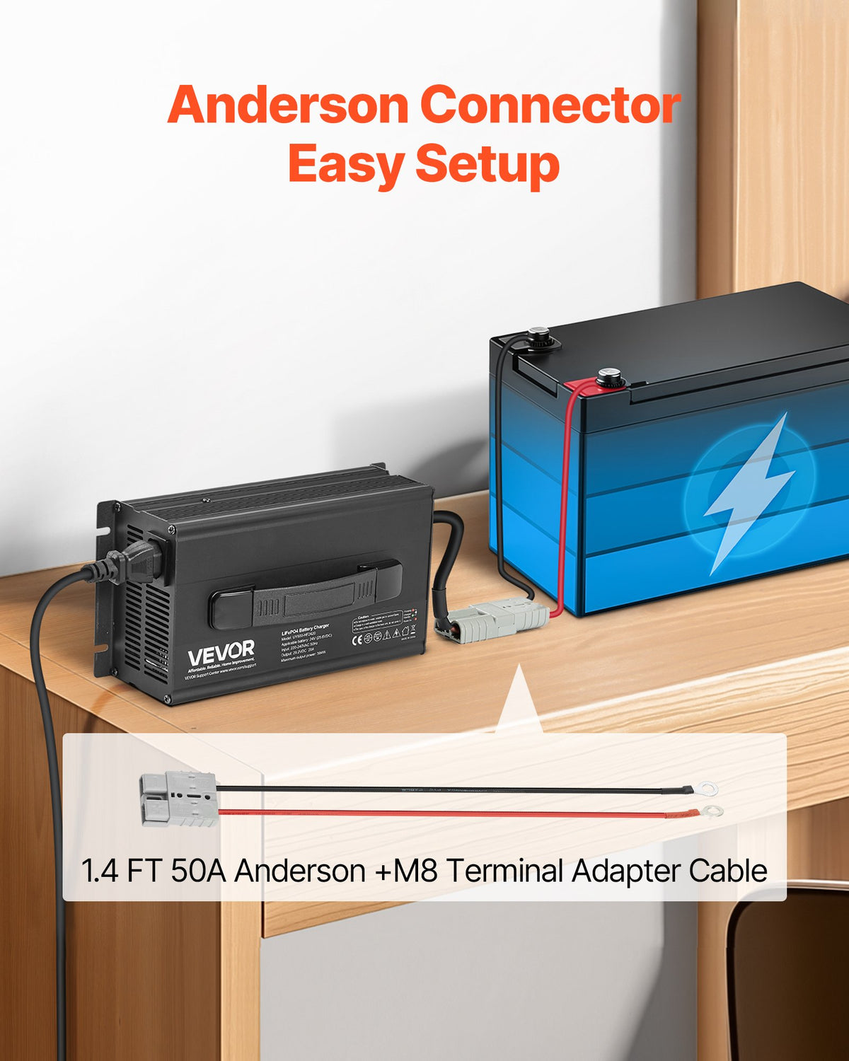 VEVOR 24V 20A Lithium Battery Charger, 29.2V, AC-DC LiFePO4 Smart Charger, with Anderson Connector, LED Indicator, 0V Activation, for Lithium LiFePO4 Deep Cycle Rechargeable Batteries of Boat, RV - FCCDQ24V20A0KO4EE001V1 - view 7