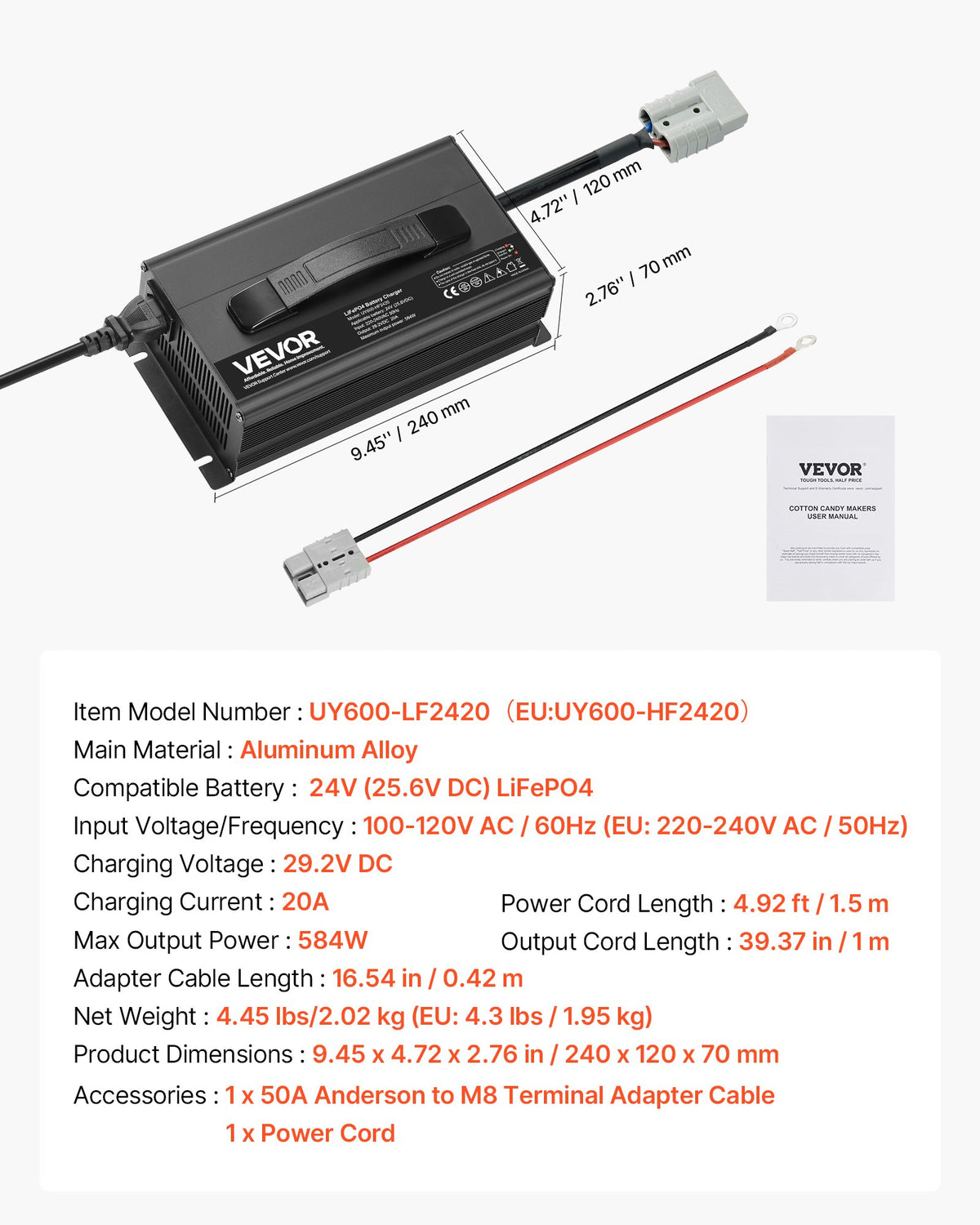VEVOR 24V 20A Lithium Battery Charger, 29.2V, AC-DC LiFePO4 Smart Charger, with Anderson Connector, LED Indicator, 0V Activation, for Lithium LiFePO4 Deep Cycle Rechargeable Batteries of Boat, RV - FCCDQ24V20A0KO4EE001V1 - view 8