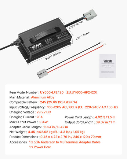 VEVOR 24V 20A Lithium Battery Charger, 29.2V, AC-DC LiFePO4 Smart Charger, with Anderson Connector, LED Indicator, 0V Activation, for Lithium LiFePO4 Deep Cycle Rechargeable Batteries of Boat, RV - FCCDQ24V20A0KO4EE001V1 - view 8