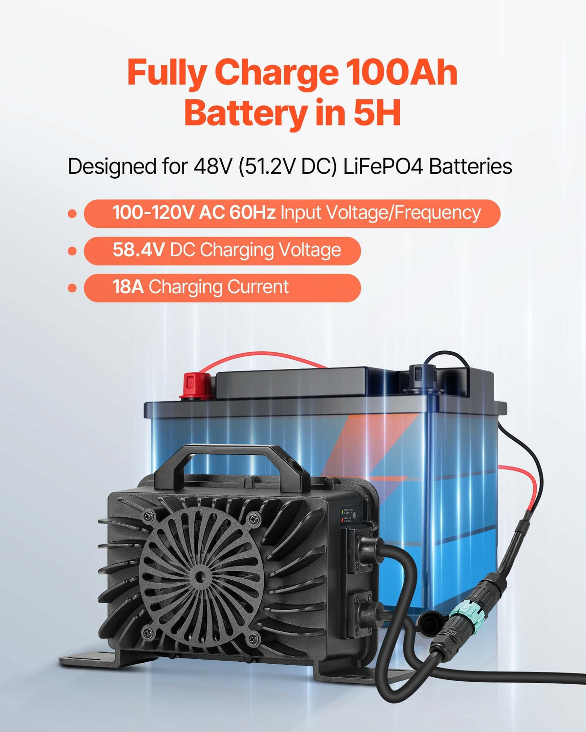 VEVOR 48V 18A Lithium Battery Charger, 58.4V, AC-DC LiFePO4 Smart Charger, with Waterproof Connector, LED Indicator, 0V Activation, for LiFePO4 Deep Cycle Rechargeable Batteries of Boat, RV, IP68 - FCCDQ48V18A032CY5001V1 - view 3