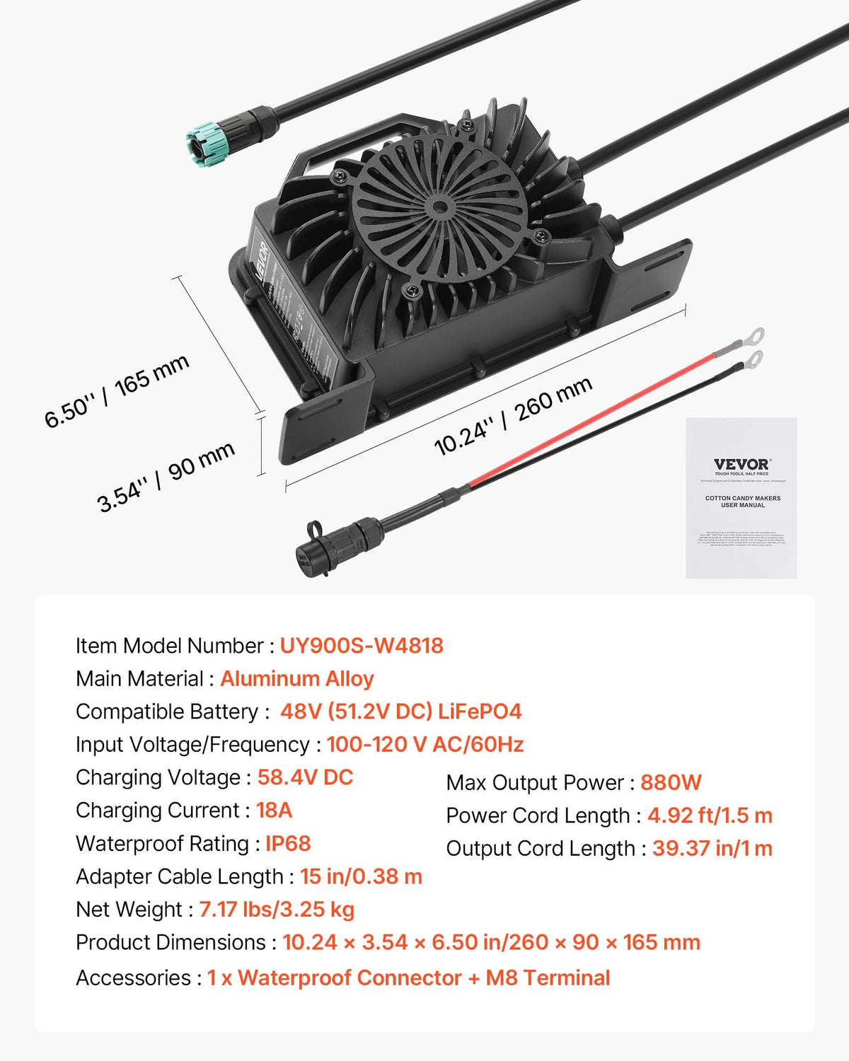 VEVOR 48V 18A Lithium Battery Charger, 58.4V, AC-DC LiFePO4 Smart Charger, with Waterproof Connector, LED Indicator, 0V Activation, for LiFePO4 Deep Cycle Rechargeable Batteries of Boat, RV, IP68 - FCCDQ48V18A032CY5001V1 - view 8