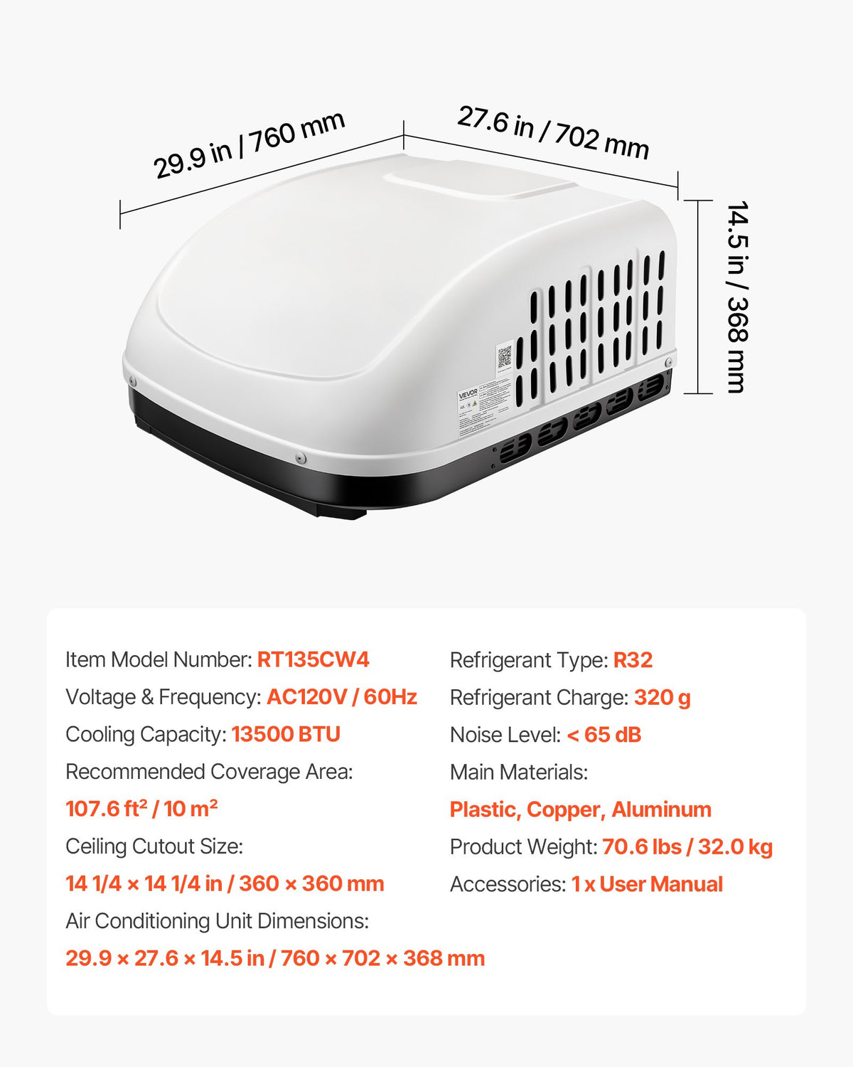 VEVOR RV Air Conditioner, 13500 BTU RV AC Unit, 120V Ducted or Non-Ducted Rooftop Air Conditioner with High-Performance Compressor Motor, Easy Install Quiet Cooling AC with Standard Vent Size, White - FCKDDZJFBXFGBWXJC001V6 - view 8