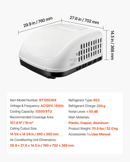 VEVOR RV Air Conditioner, 13500 BTU RV AC Unit, 120V Ducted or Non-Ducted Rooftop Air Conditioner with High-Performance Compressor Motor, Easy Install Quiet Cooling AC with Standard Vent Size, White - FCKDDZJFBXFGBWXJC001V6 - view 8