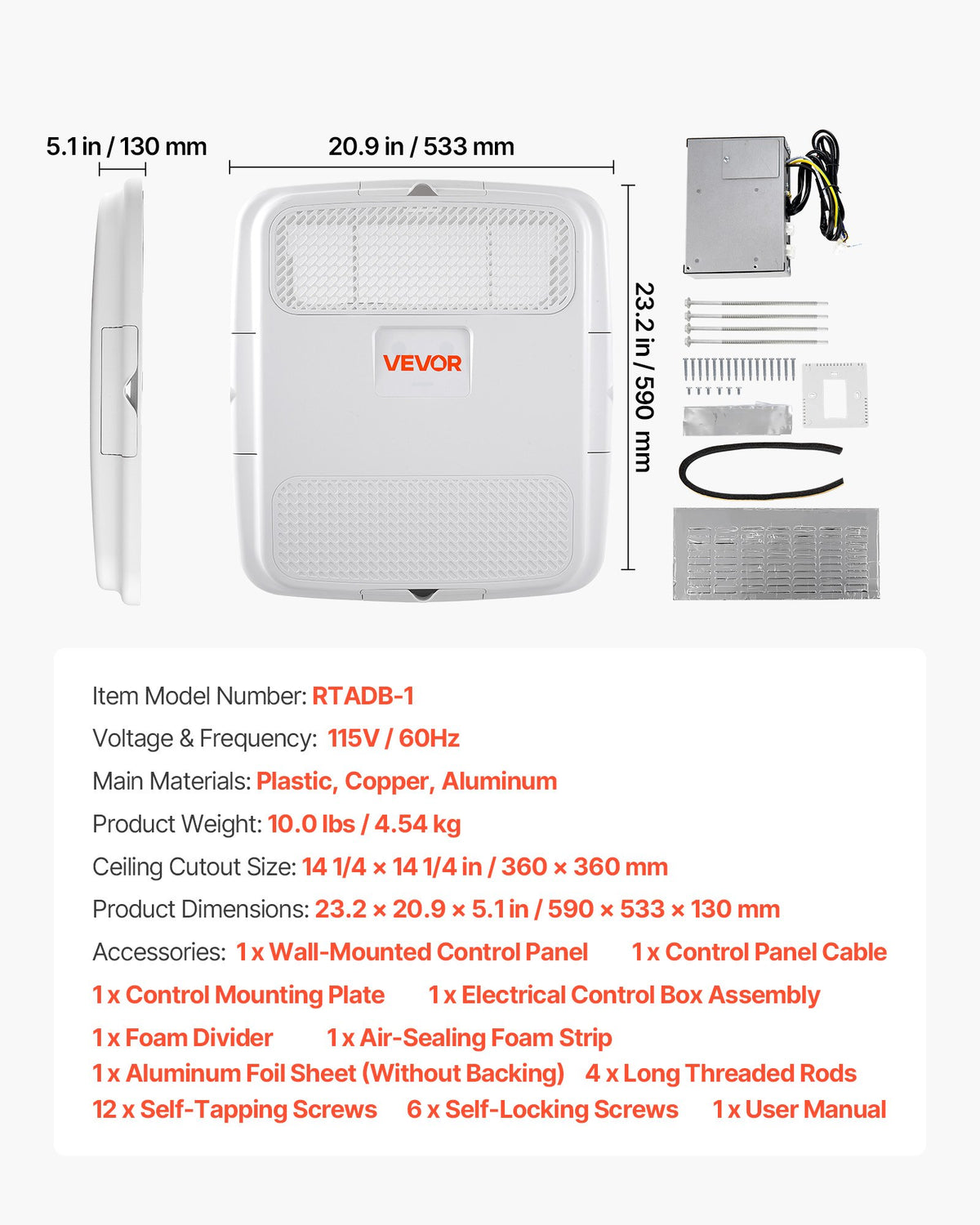 VEVOR Air Distribution Box, 115V Non-Ducted RV Air Conditioner ADB Unit with Operating Panel, Detachable Filter, and Four-Way Airflow, Used for VEVOR Non-Ducted Cooling-Only Rooftop RV AC Unit, White - FCKDPJADBTJDCS204001V6 - view 8