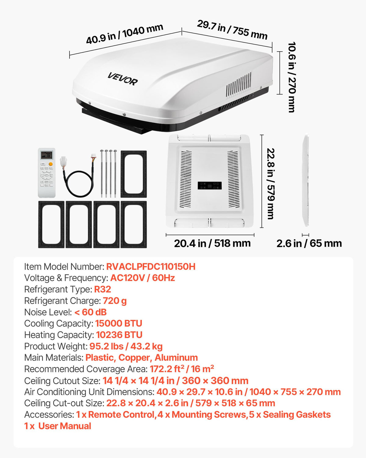 VEVOR RV Air Conditioner, 15000 BTU RV AC Unit, 120V Non-Ducted Rooftop Air Conditioner with Heat Pump and Cooling, Variable Speed Easy Install Quiet AC with ADB Button Control & Remote Control, White - FCKDTZFBXFGD33PVQ001V6 - view 8