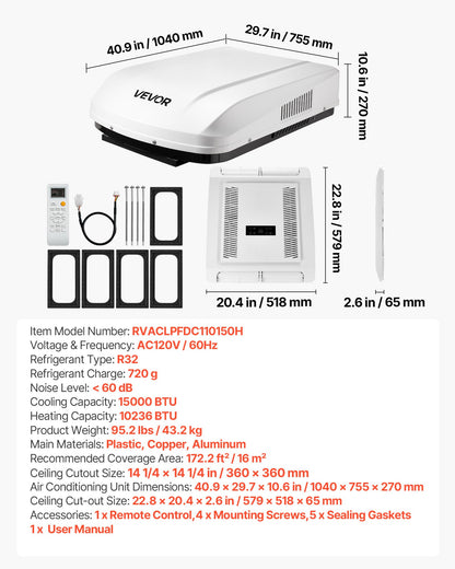 VEVOR RV Air Conditioner, 15000 BTU RV AC Unit, 120V Non-Ducted Rooftop Air Conditioner with Heat Pump and Cooling, Variable Speed Easy Install Quiet AC with ADB Button Control & Remote Control, White - FCKDTZFBXFGD33PVQ001V6 - view 8