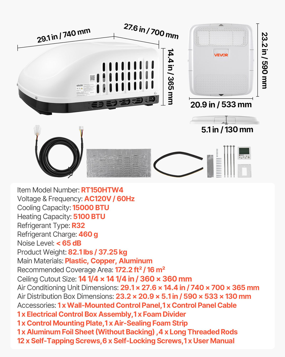 VEVOR RV Air Conditioner, 15000 BTU RV AC Unit, 120V Non-Ducted Rooftop Air Conditioner with Cooling and Heating, Four-Way Airflow, PTC Heating Module, Easy Install Quiet AC with Control Panel, White - FCKDTZFBXFGDO79CH001V6 - view 8