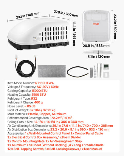 VEVOR RV Air Conditioner, 15000 BTU RV AC Unit, 120V Non-Ducted Rooftop Air Conditioner with Cooling and Heating, Four-Way Airflow, PTC Heating Module, Easy Install Quiet AC with Control Panel, White - FCKDTZFBXFGDO79CH001V6 - view 8