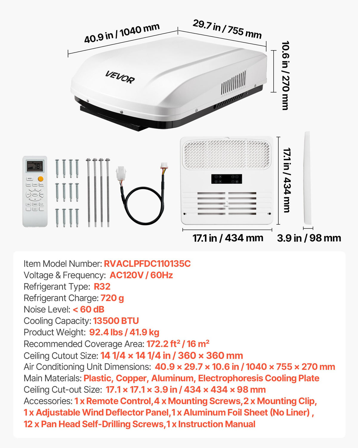 VEVOR RV Air Conditioner, 13500 BTU RV AC Unit, 120V Ducted Rooftop Air Conditioner with Variable Speed Compressor, Easy Install Quiet Cooling AC Unit with ADB Button Control and Remote Control, White - FCKDTZFBXGDSRDAI7001V6 - view 8
