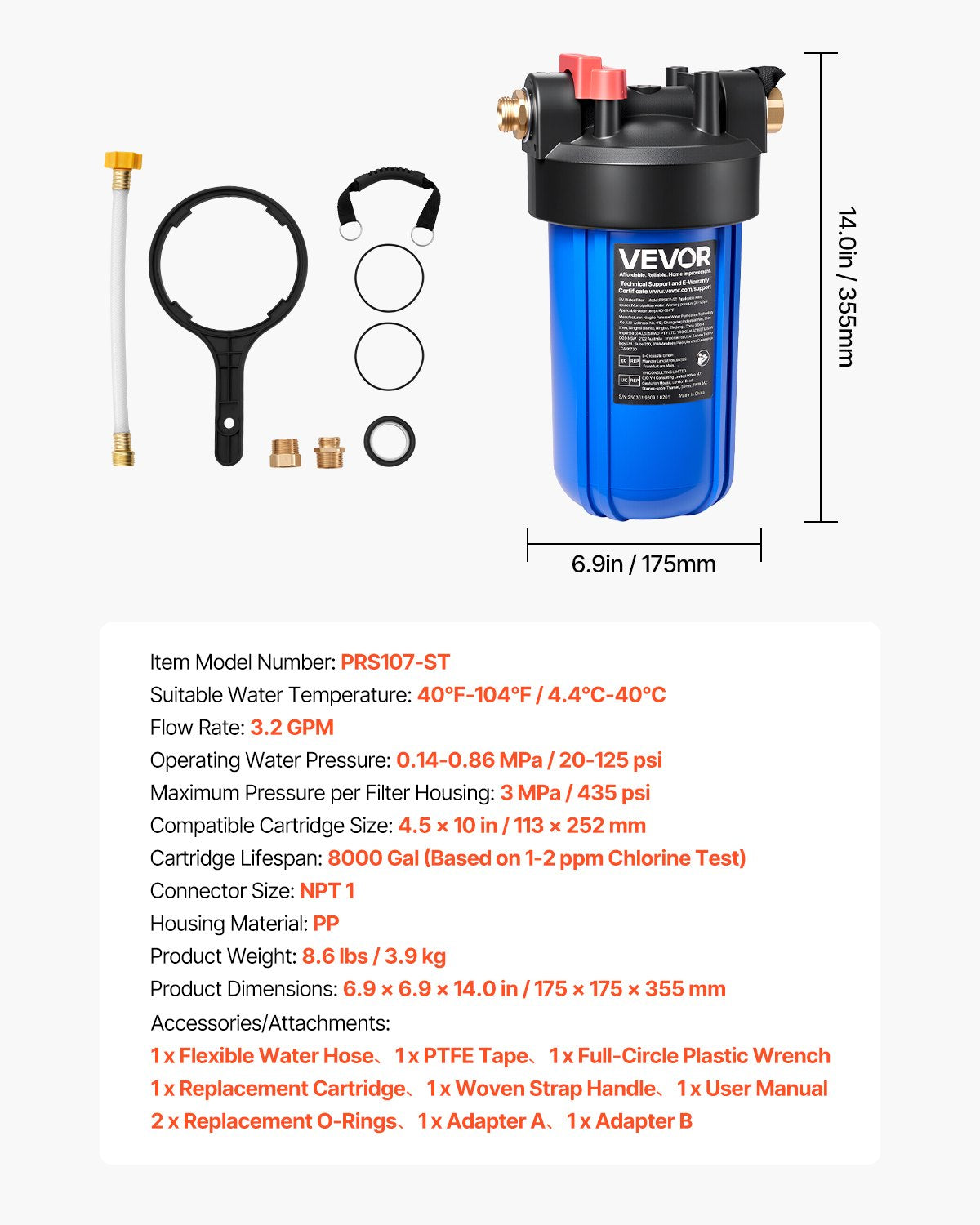 VEVOR RV Water Filtration System, Drinking Water Filter System with Replaceable Cartridge for Campers, Remove Sediments, Chlorine, Bad Tastes, Odors, and Most Contaminants, RV Filter for RVs, Boats - FCLSQBDDZZJDA03FQ001V0 - view 8