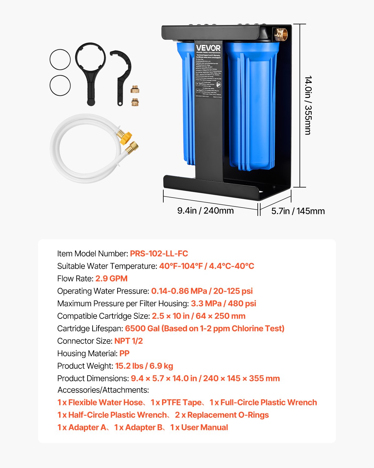 VEVOR RV Water Filtration System, 2-Cartridge Water Filter System for Campers, Remove Chlorine, Bad Tastes, Odors, and Most Contaminants, RV Filter with Bracket for RVs, Boats, Vans - FCLSQDDZZJSX12NOM001V0 - view 8