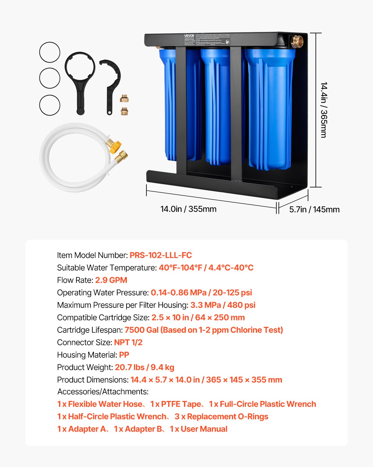VEVOR RV Water Filtration System, 3-Cartridge Water Filter System for Campers, Remove Sediments, Chlorine, Bad Tastes, Odors, and Most Contaminants, RV Filter with Bracket for RVs, Boats, Vans - FCLSQDDZZJSXZBTMF001V0 - view 8