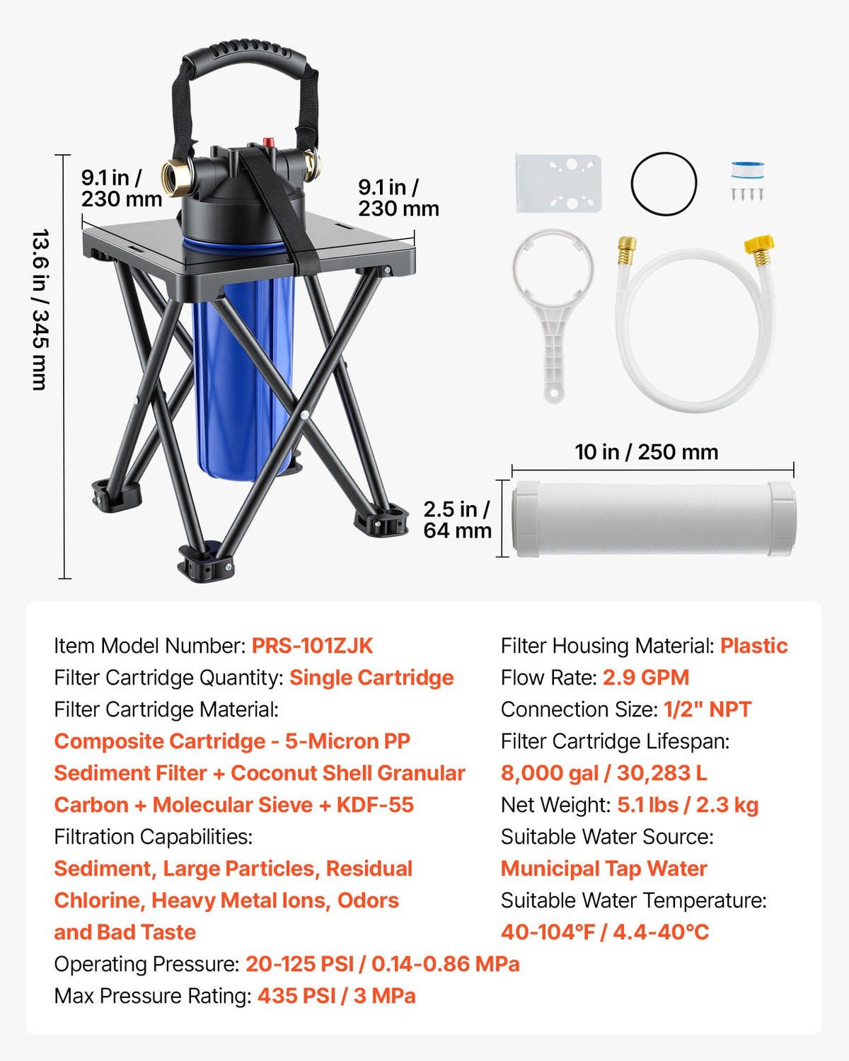 VEVOR RV Water Filter System, 5-Micron Premium RV Water Filtration System Replacement with Cartridge and Mounting Bracket for RVs & Campers, Reduces Sediment, Chlorine, Heavy Metals, Odors and More - FCLSQDXDDZZJ1H9E6001V0 - view 8