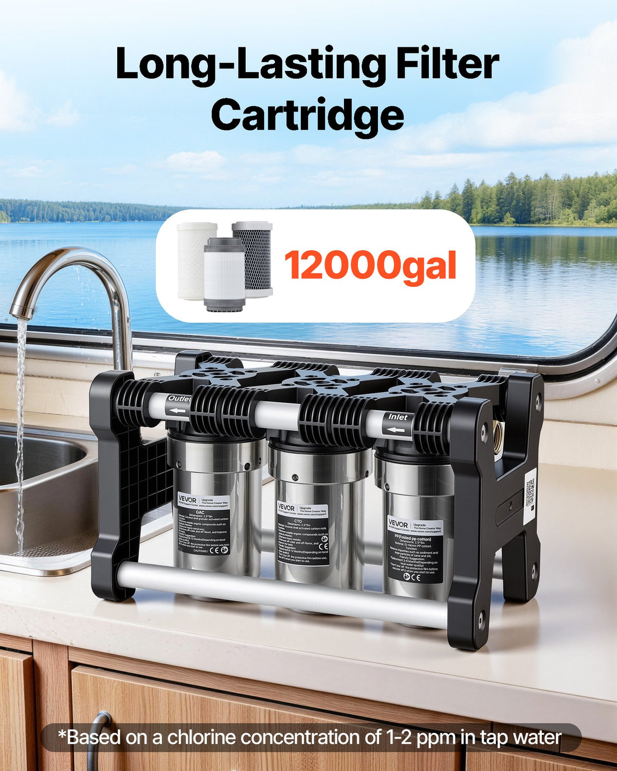VEVOR RV Water Filter System, 5-Micron 3 Stage Premium RV Water Filtration System with Three Cartridges and 3/4" Fitting for RVs & Campers, Reduces Sediment, Chlorine, Heavy Metals, Odors and More - FCLSQSXDDZZJRD7HL001V0 - view 5