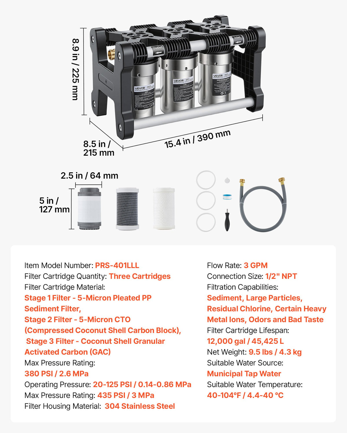VEVOR RV Water Filter System, 5-Micron 3 Stage Premium RV Water Filtration System with Three Cartridges and 3/4" Fitting for RVs & Campers, Reduces Sediment, Chlorine, Heavy Metals, Odors and More - FCLSQSXDDZZJRD7HL001V0 - view 8
