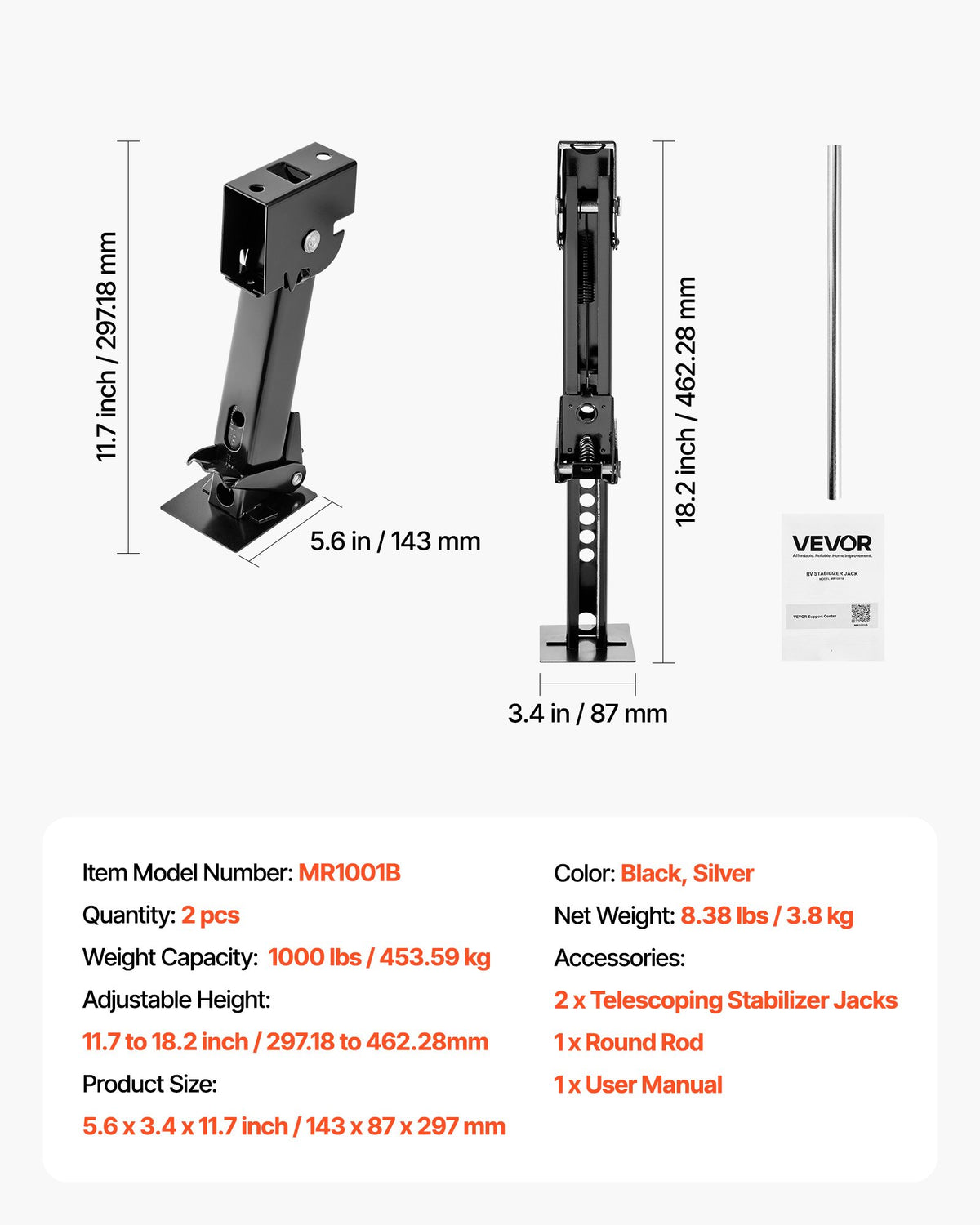 VEVOR Telescoping Stabilizer Jack, 2PCS Telescoping Folding Trailer Jack, Trailer Swing Down Stabilizer Jack for RV Trailer, Supports 1000lbs Capacity Each, Adjustable from 11.7 inch to 18.2 inch - FCPHJ2J1000LCHK1T001V0 - view 8
