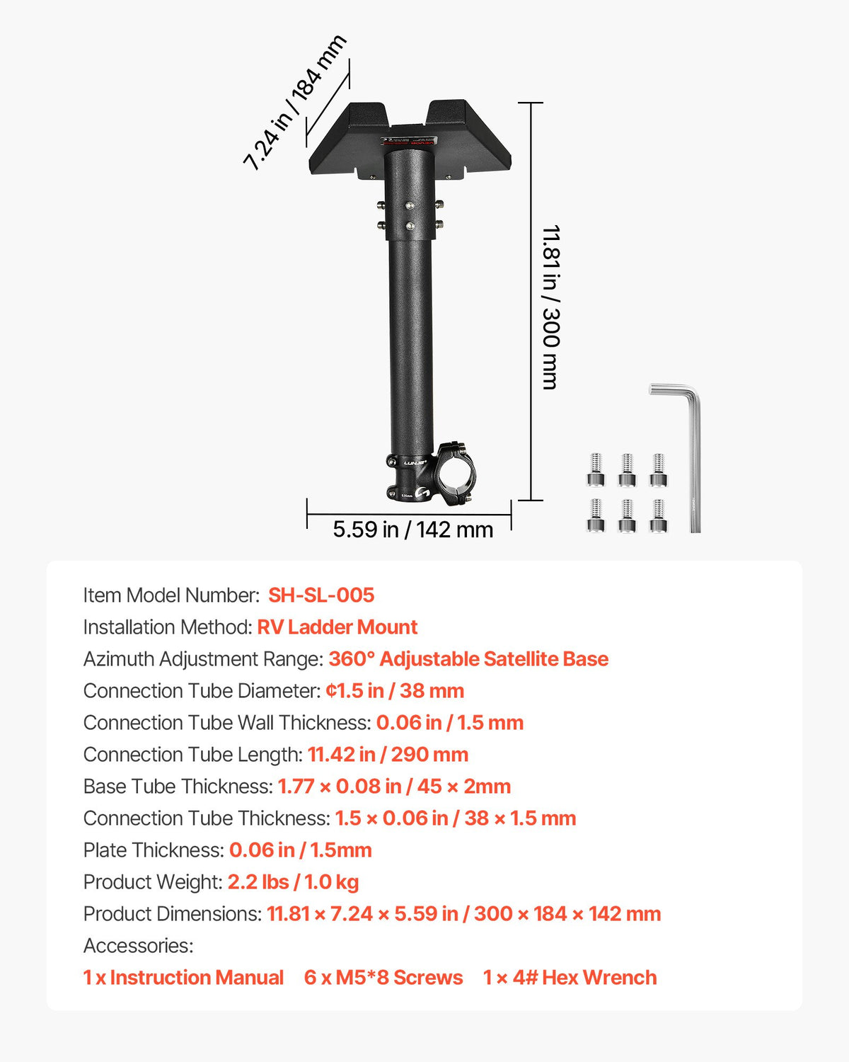 VEVOR Starlink RV Ladder Mount, 360°Adjustable Angle Mounting Standard Gen 3 Pipe Kit, Heavy-Duty Steel Extra Short Starlink RV Ladder Adapter, Compatible with Gen3 and V3, Easy to Assembly, Black - FCPTAZKSDXLTYLU16001V0 - view 8