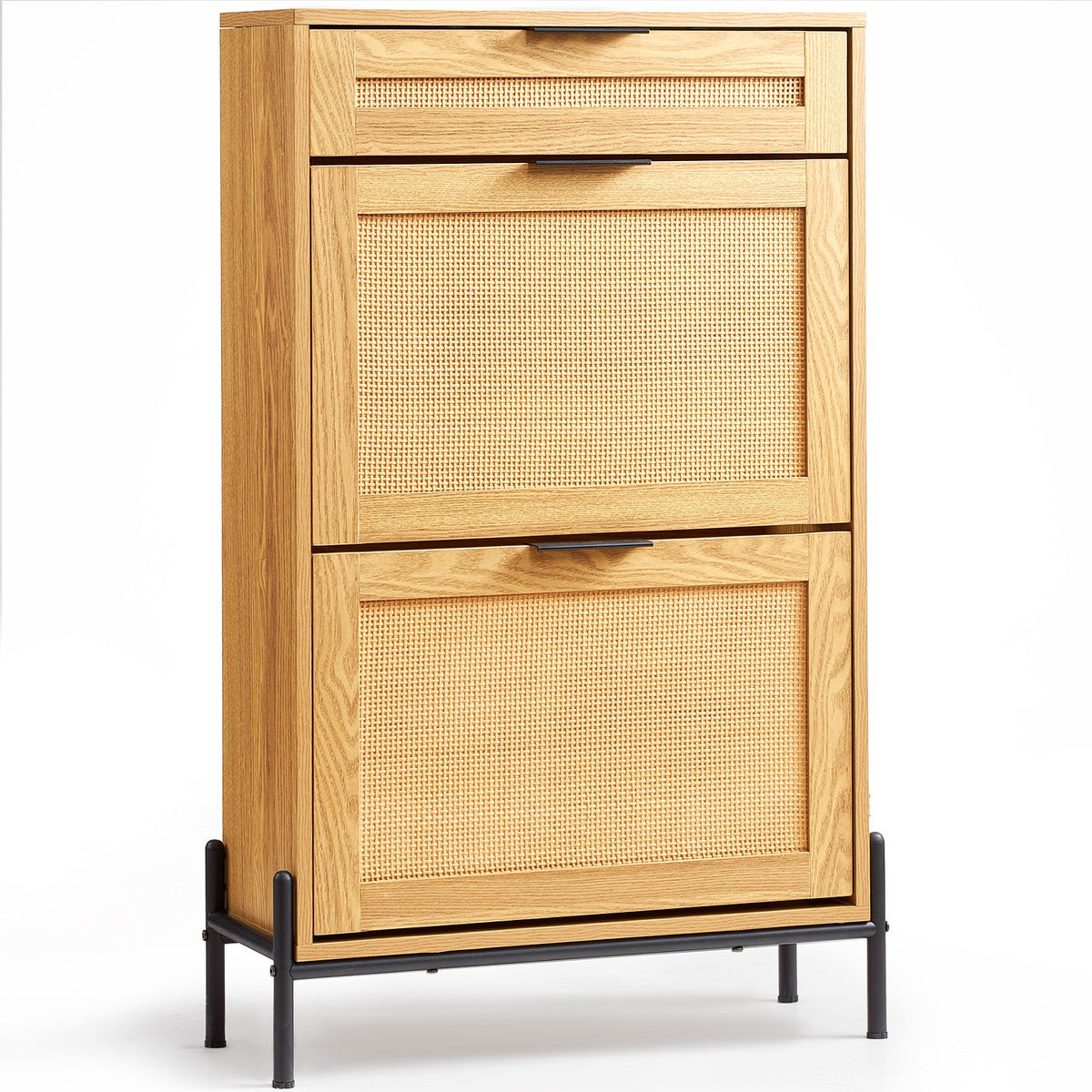 VEVOR Rattan Shoe Cabinet, Narrow Shoe Storage Organizer with 2 Flip Rattan Drawers & 1 Slide Drawer, Metal Legs, Slim Shoe Entryway Cabinet Ideal for Entryway, Closet, Hallway, Light Wood Color - FCTBXJ2C1XC2OJCICV0 - view 1