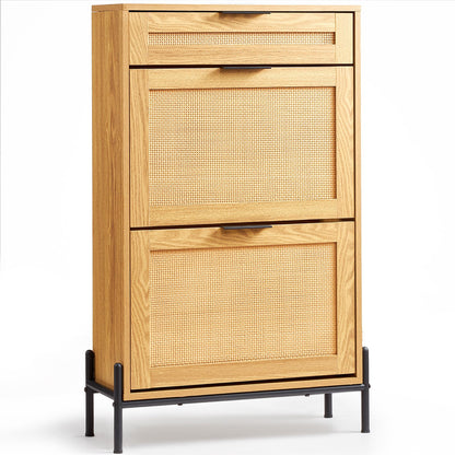 VEVOR Rattan Shoe Cabinet, Narrow Shoe Storage Organizer with 2 Flip Rattan Drawers & 1 Slide Drawer, Metal Legs, Slim Shoe Entryway Cabinet Ideal for Entryway, Closet, Hallway, Light Wood Color - FCTBXJ2C1XC2OJCICV0 - view 1