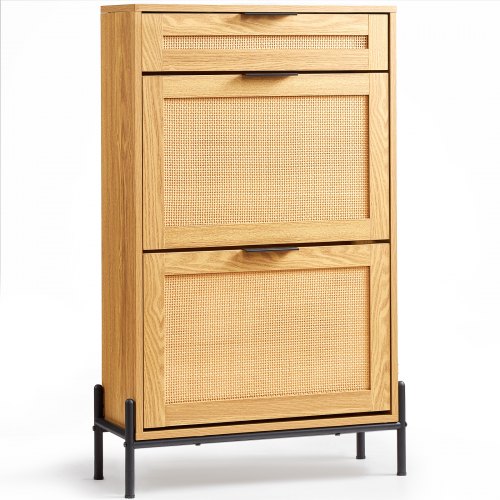 VEVOR Rattan Shoe Cabinet, Narrow Shoe Storage Organizer with 2 Flip Rattan Drawers & 1 Slide Drawer, Metal Legs, Slim Shoe Entryway Cabinet Ideal for Entryway, Closet, Hallway, Light Wood Color - FCTBXJ2C1XC2OJCICV0 - view 2