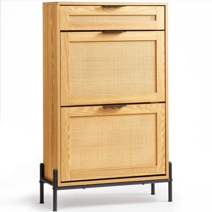VEVOR Rattan Shoe Cabinet, Narrow Shoe Storage Organizer with 2 Flip Rattan Drawers & 1 Slide Drawer, Metal Legs, Slim Shoe Entryway Cabinet Ideal for Entryway, Closet, Hallway, Light Wood Color - FCTBXJ2C1XC2OJCICV0 - view 2