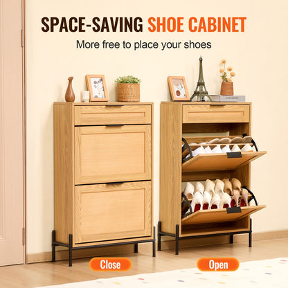 VEVOR Rattan Shoe Cabinet, Narrow Shoe Storage Organizer with 2 Flip Rattan Drawers & 1 Slide Drawer, Metal Legs, Slim Shoe Entryway Cabinet Ideal for Entryway, Closet, Hallway, Light Wood Color - FCTBXJ2C1XC2OJCICV0 - view 4
