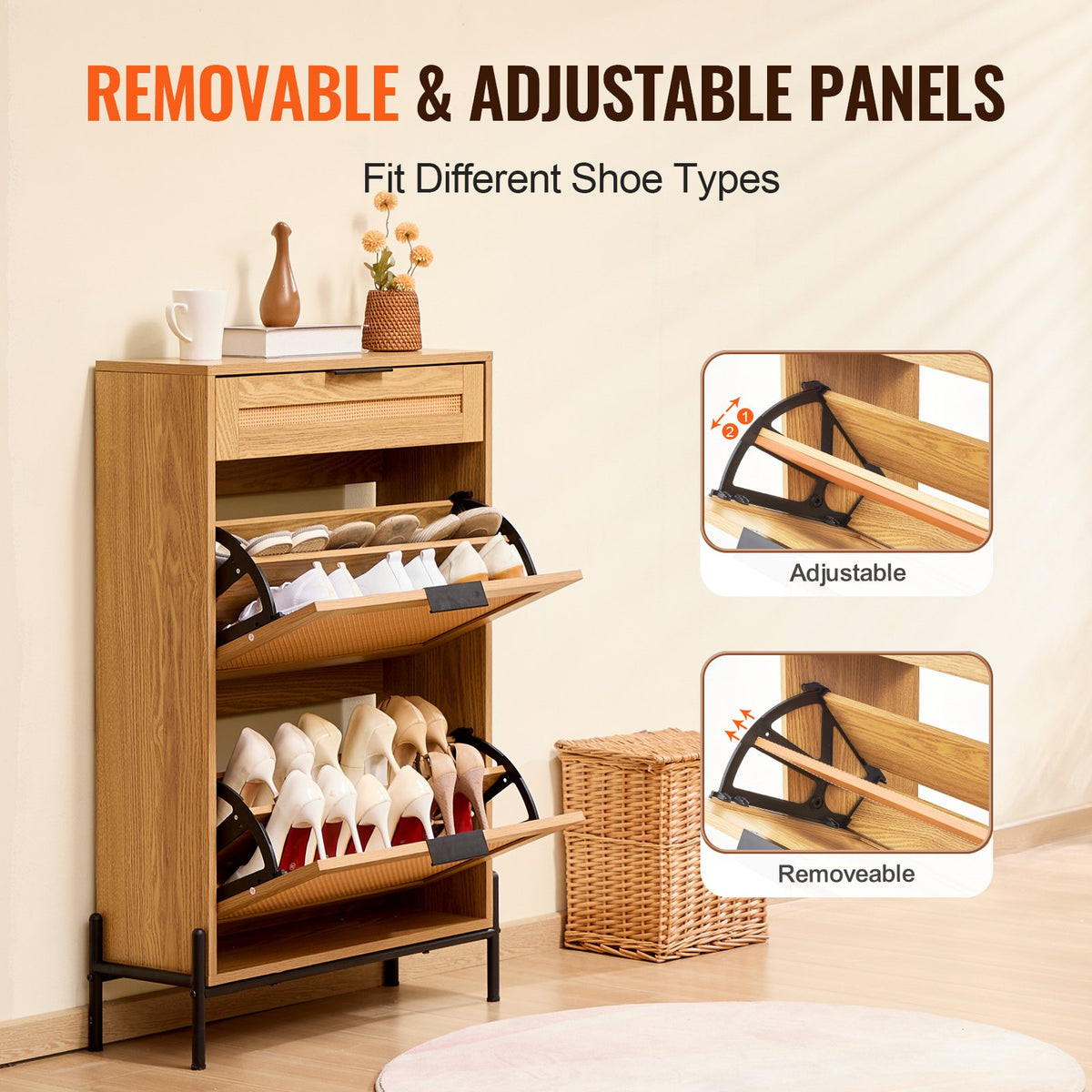 VEVOR Rattan Shoe Cabinet, Narrow Shoe Storage Organizer with 2 Flip Rattan Drawers & 1 Slide Drawer, Metal Legs, Slim Shoe Entryway Cabinet Ideal for Entryway, Closet, Hallway, Light Wood Color - FCTBXJ2C1XC2OJCICV0 - view 8