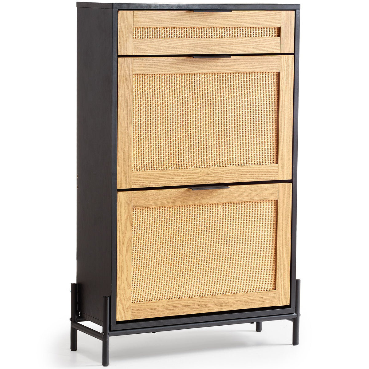 VEVOR Rattan Shoe Cabinet, Narrow Shoe Storage Organizer with 2 Flip Rattan Drawers & 1 Slide Drawer, Metal Legs, Slim Shoe Entryway Cabinet Ideal for Entryway, Closet, Hallway, Black - FCTBXJ2C1XC2W8YCYV0 - view 1