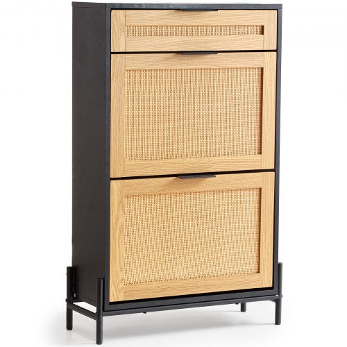VEVOR Rattan Shoe Cabinet, Narrow Shoe Storage Organizer with 2 Flip Rattan Drawers & 1 Slide Drawer, Metal Legs, Slim Shoe Entryway Cabinet Ideal for Entryway, Closet, Hallway, Black - FCTBXJ2C1XC2W8YCYV0 - view 2