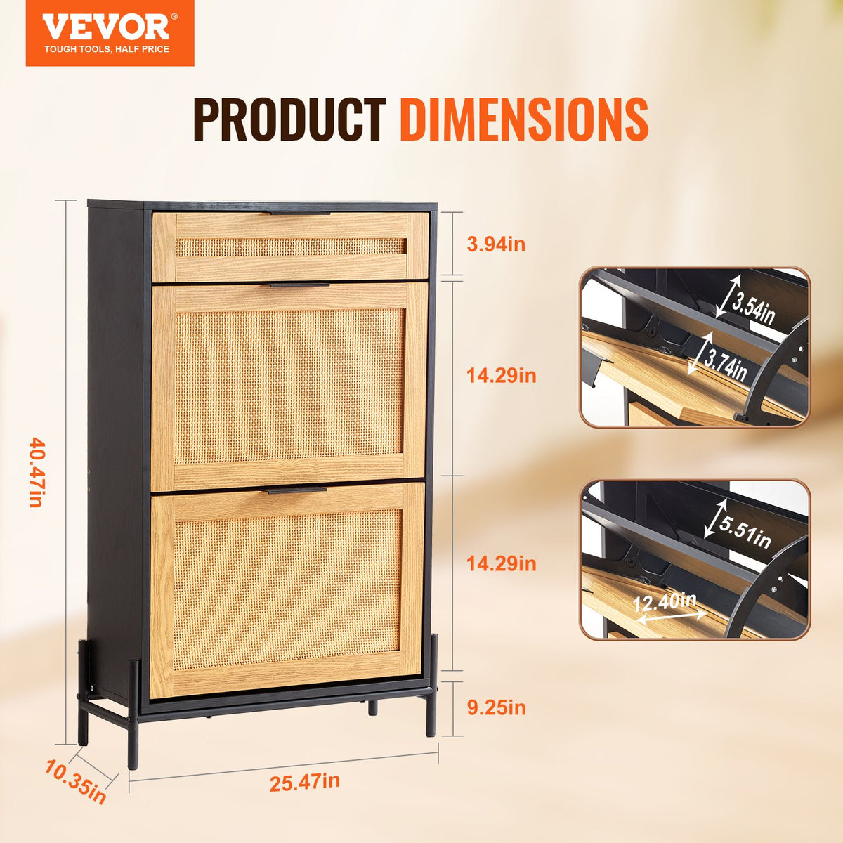 VEVOR Rattan Shoe Cabinet, Narrow Shoe Storage Organizer with 2 Flip Rattan Drawers & 1 Slide Drawer, Metal Legs, Slim Shoe Entryway Cabinet Ideal for Entryway, Closet, Hallway, Black - FCTBXJ2C1XC2W8YCYV0 - view 3